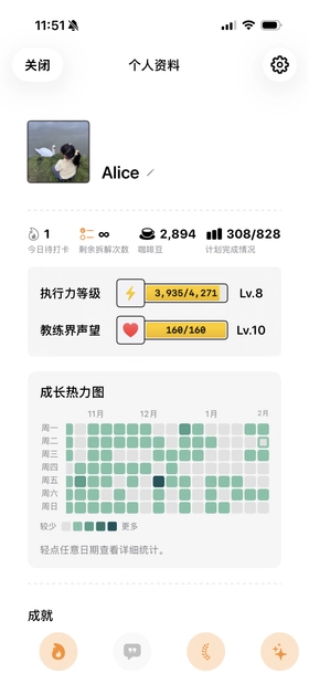 iPhone截图：成长系统主界面，显示等级进度条、咖啡豆余额、成就徽章墙