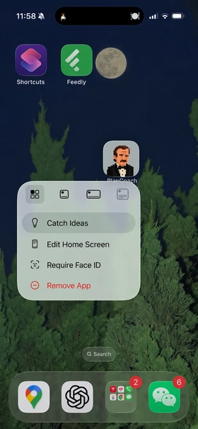 iPhone screenshot: Idea catcher interface with a floating input box for quick recording
