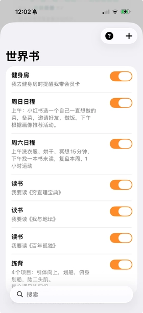 iPhone截图：世界书界面，显示自定义词条和复杂指令模板