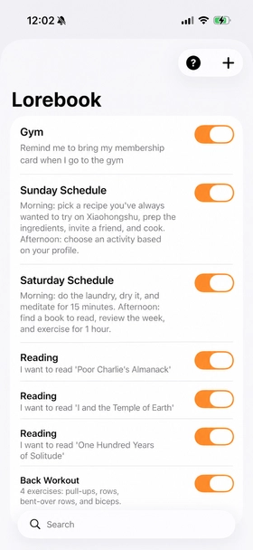 iPhone screenshot: Lorebook interface showing custom entries and complex instruction templates