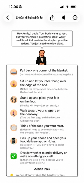 iPhone screenshot: Smart breakdown interface showing AI coach breaking a large task into immediate small steps